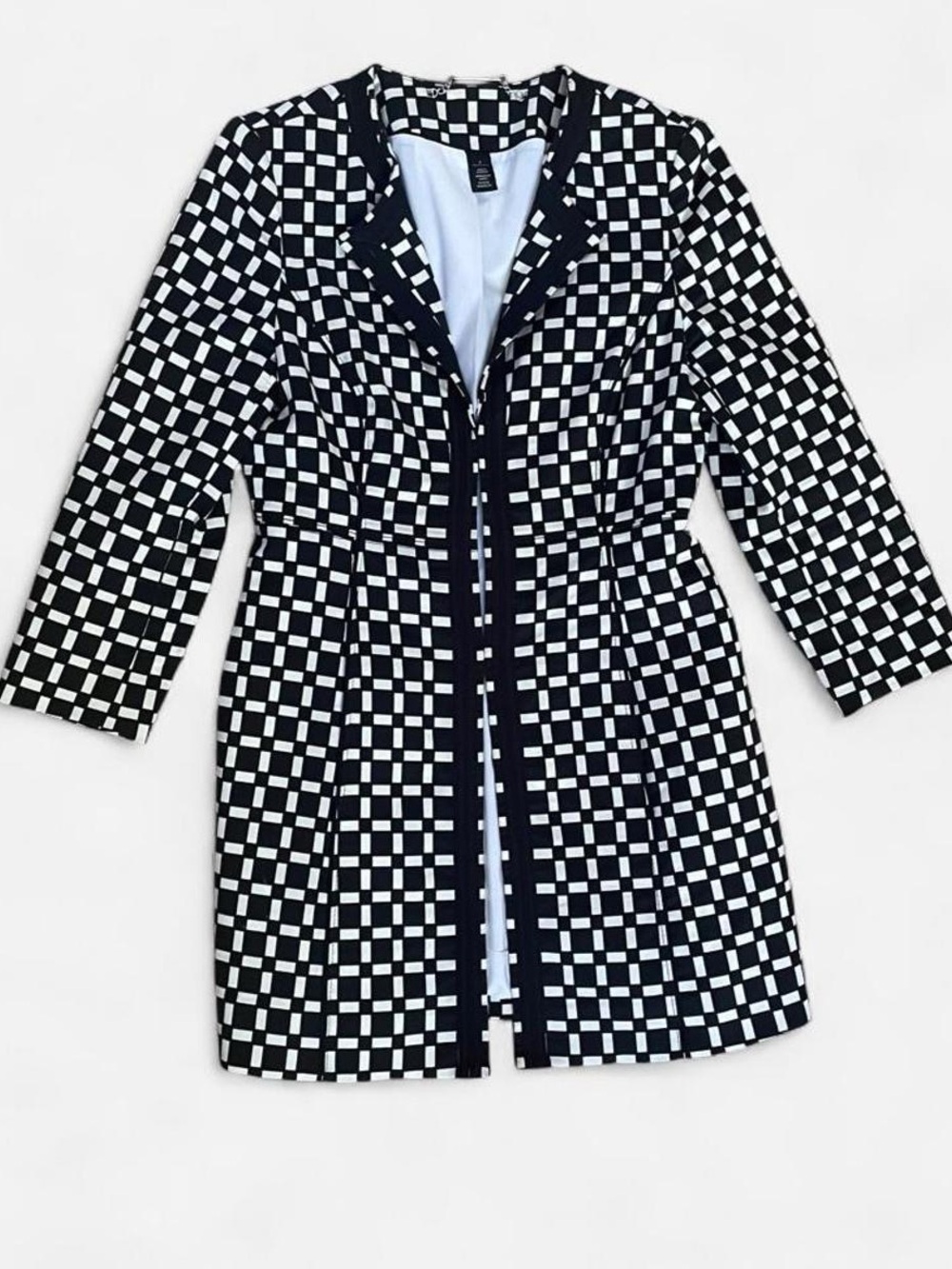 White House Black Market Checkerboard Zip Front Longline Jacket Mod Size 4